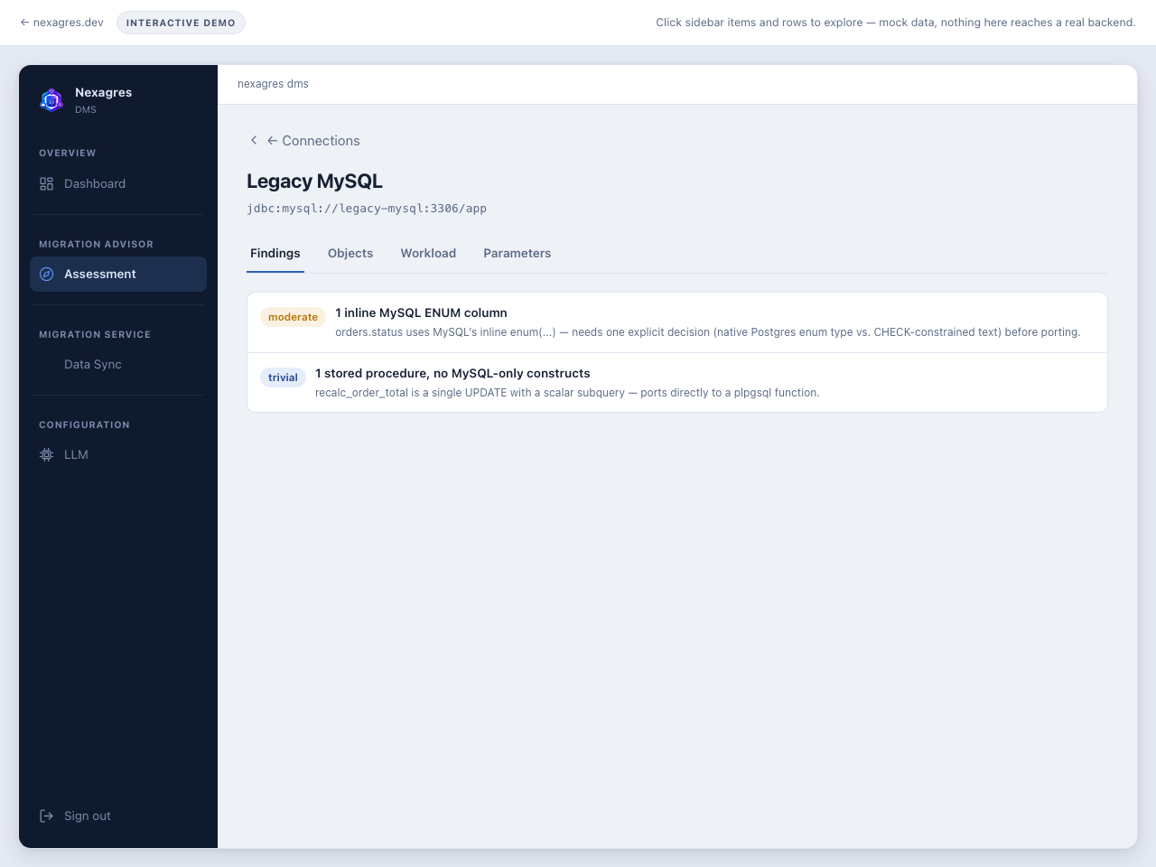NexaGres DMS's Findings tab for a connected MySQL database: two itemized migration findings, each with a severity badge (moderate, trivial) and a plain-English explanation of what it means for a Postgres port