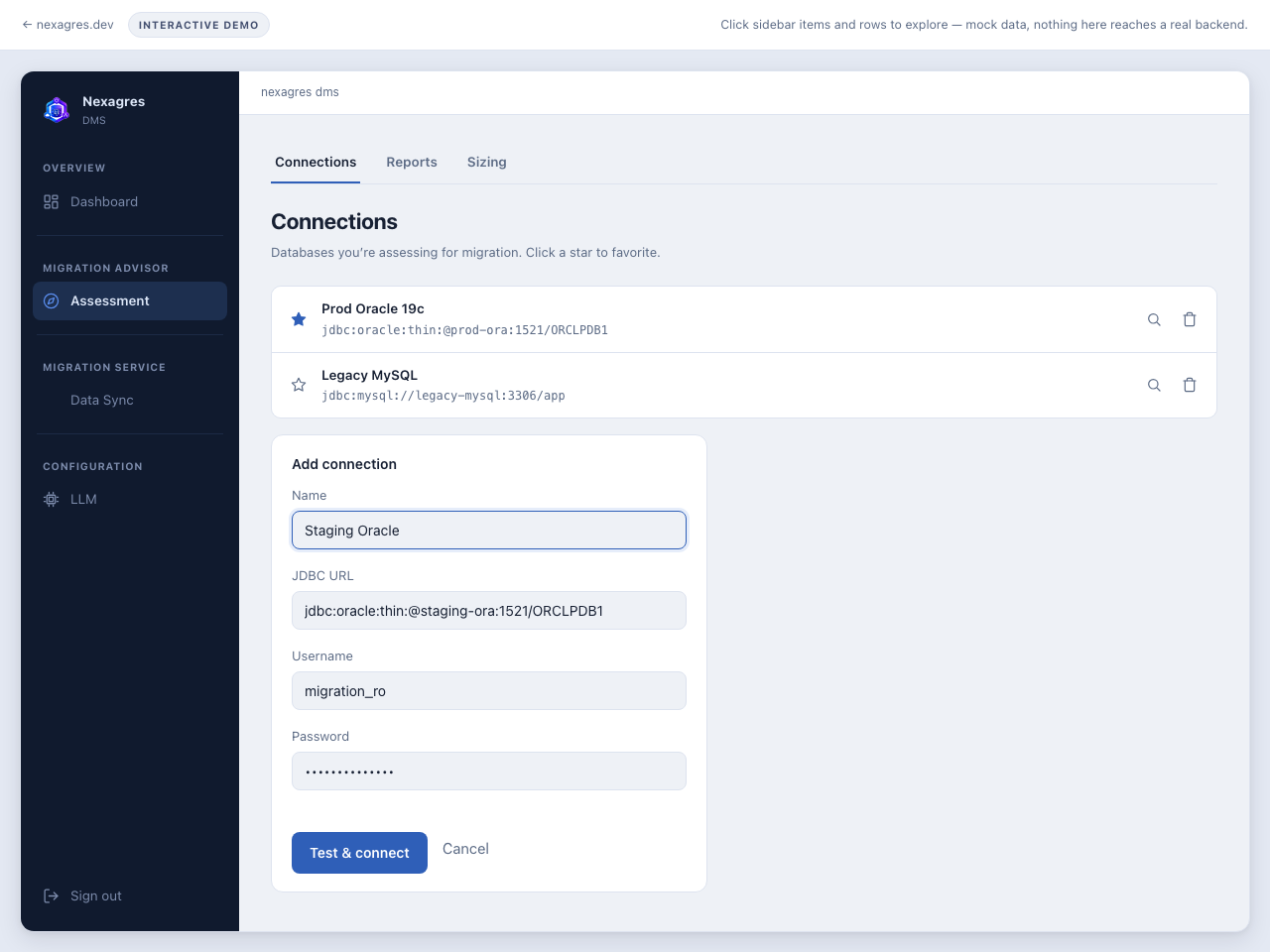 NexaGres DMS's add-connection form filled in with a name, an Oracle JDBC URL, a schema/user, and a masked password, with Password/Vault/CyberArk credential-source options above the password field