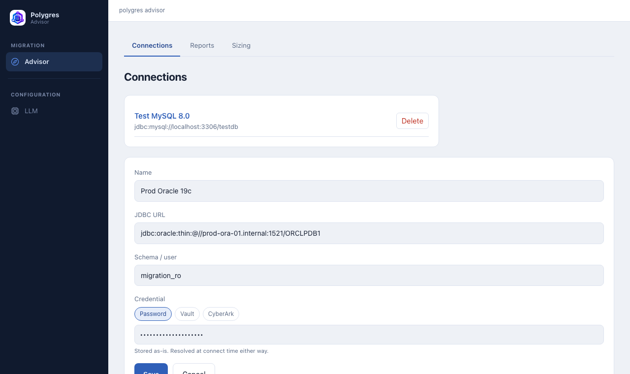 PolyAdvisor's add-connection form filled in with a name, an Oracle JDBC URL, a schema/user, and a masked password, with Password/Vault/CyberArk credential-source options above the password field