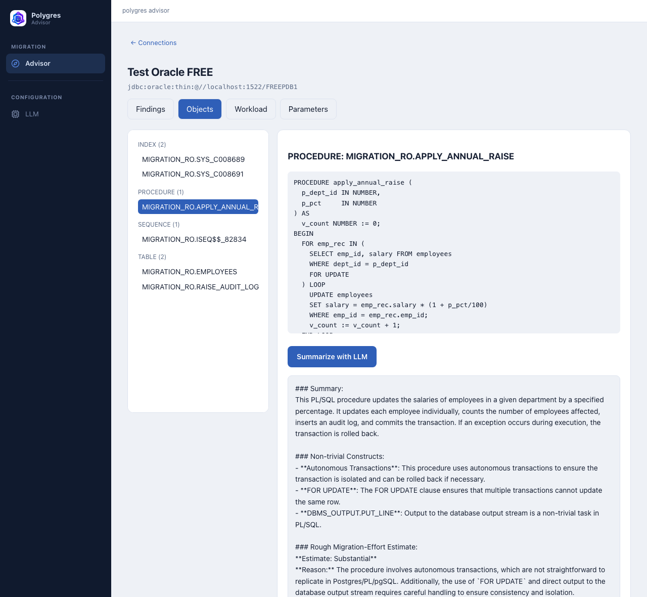 PolyAdvisor's Objects tab showing an Oracle stored procedure's real source code (a cursor FOR UPDATE loop, DBMS_OUTPUT, an audit-log insert, exception handling) and, below it, a live LLM-generated summary: what the procedure does, a list of non-trivial-to-port constructs, and a migration-effort estimate with reasoning
