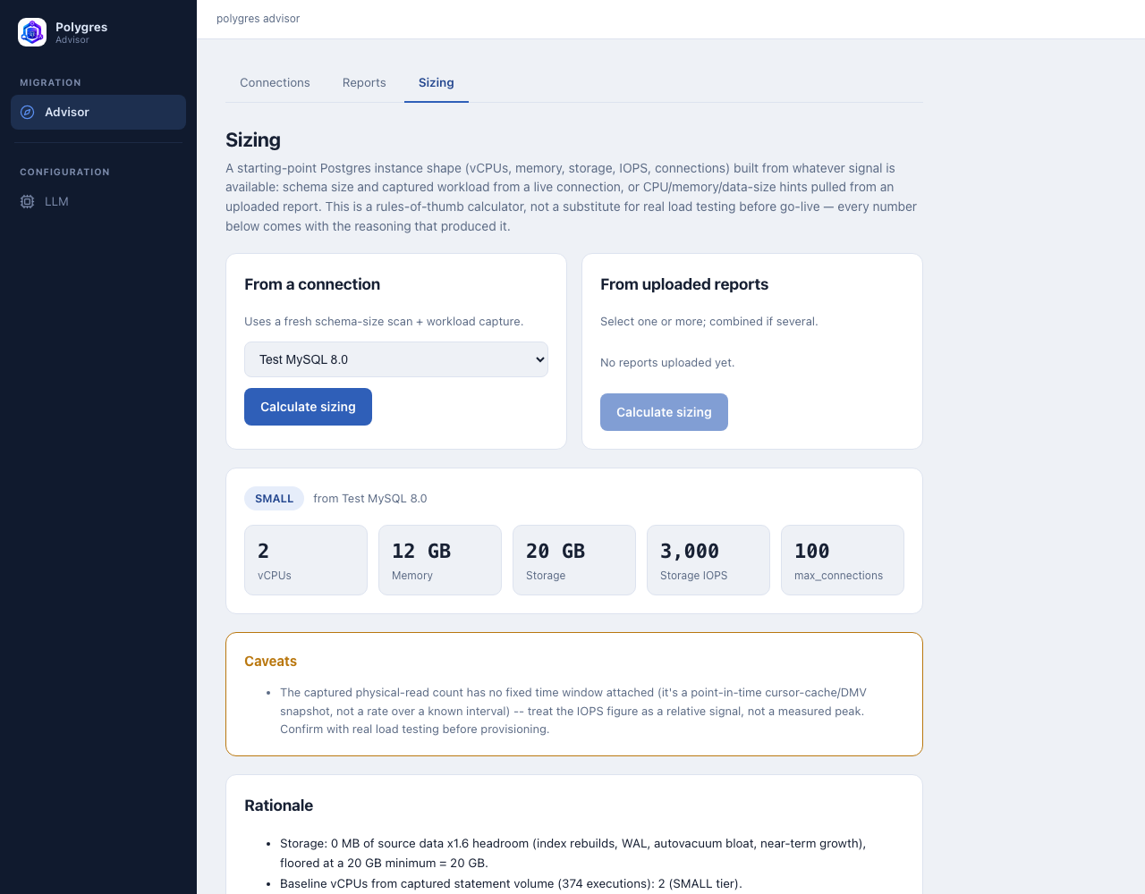 PolyAdvisor's Sizing recommendation for the same connection: a SMALL tier with 2 vCPUs, 12 GB memory, 20 GB storage, 3,000 storage IOPS, and 100 max_connections, plus a caveats box and a rationale list explaining each number